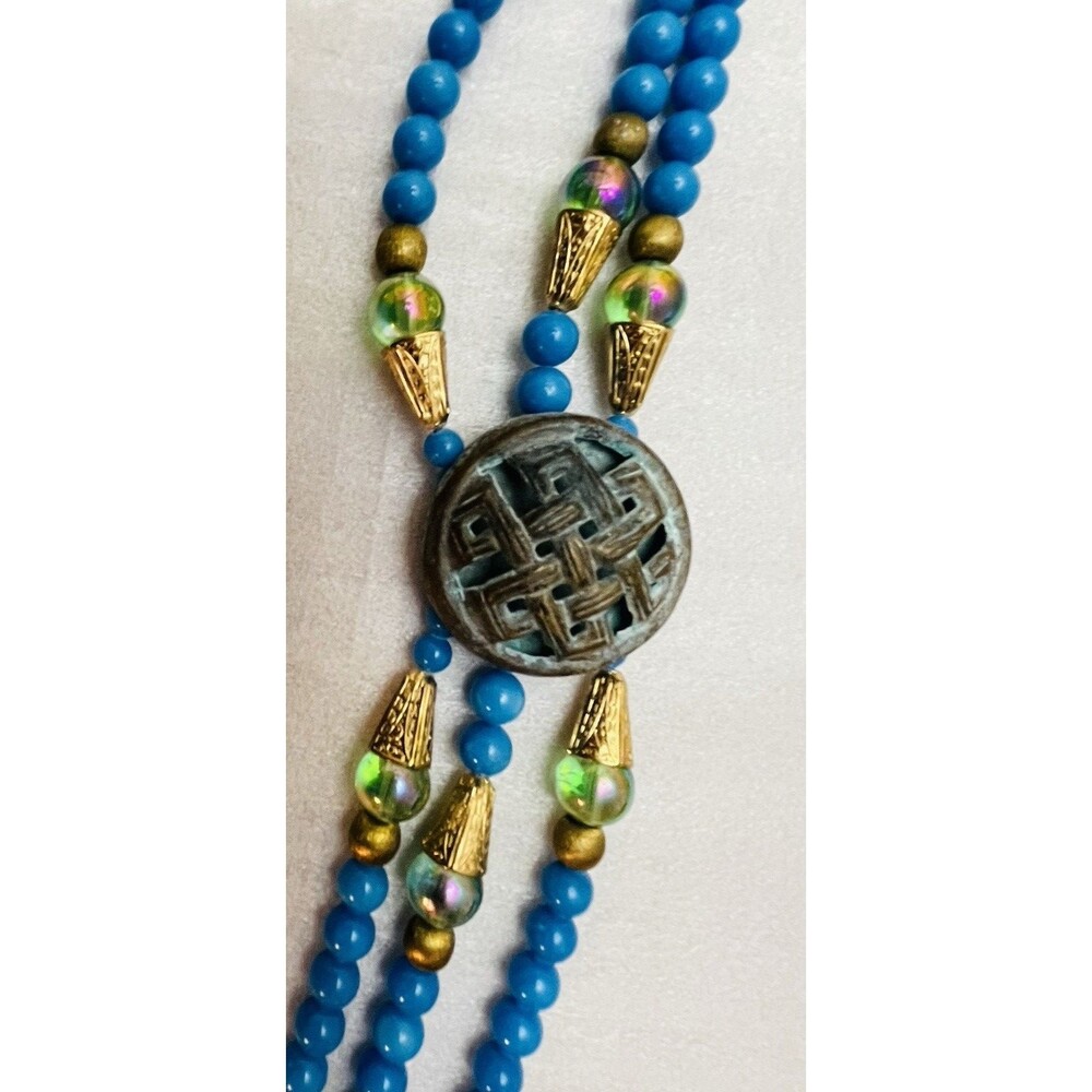 VTG Rosemary G Ro-Do Saks 5th Ave Tibetan Button Blue Quartz Crystal Necklace - Picture 4 of 9